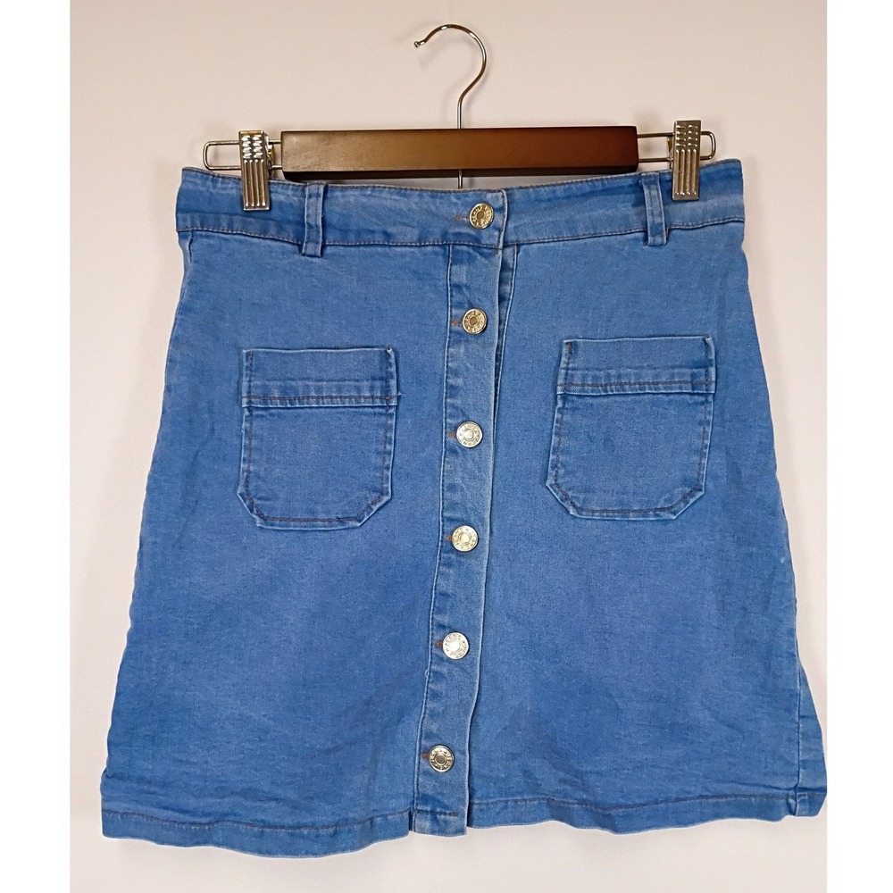 Retro Y2K Unbranded Girls Size 12 Blue Denim Button Front Patch Mini Skirt
